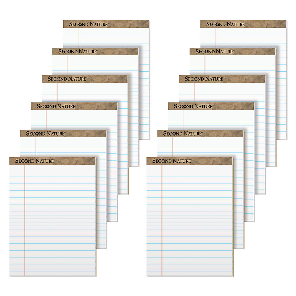 TOPS� Second Nature� 100% Recycled Writing Pads, 8 1/2" x 11 3/4", Legal Ruled, 50 Sheets, White, Pack Of 12 Pads