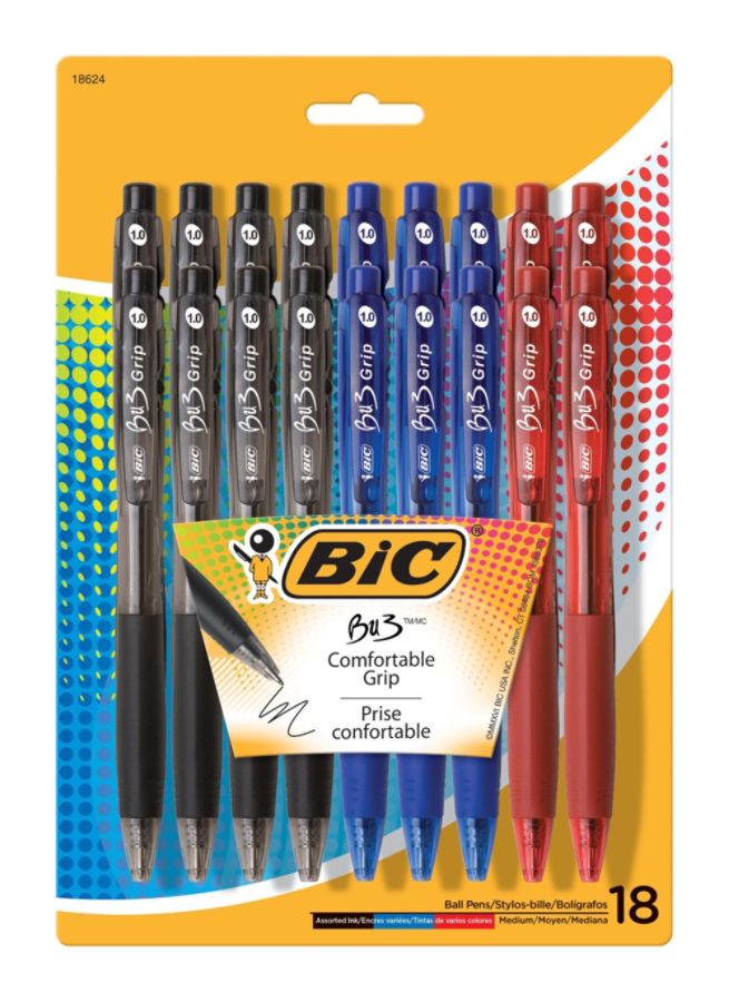 BIC BU3 Grip RT 1.0 mm Medium Point Assorted Ink Ball Pens, 18-Pack | eBay