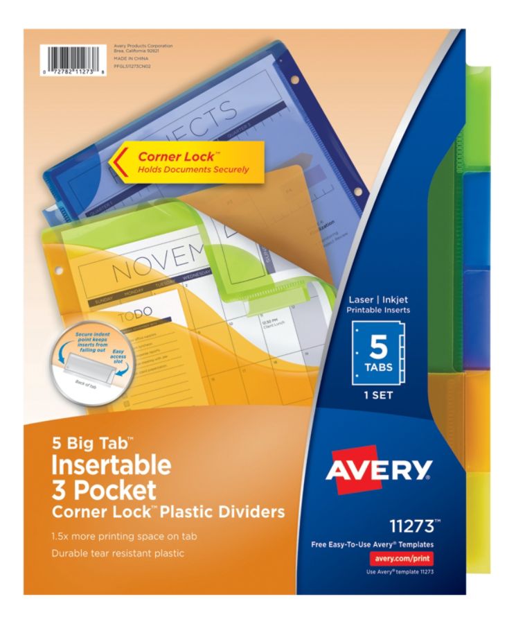 Avery Big Tab 3 Pocket Insertable Corner Lock Plastic Dividers 5 Tab 9 1 4 X 11 1 8 Multicolor