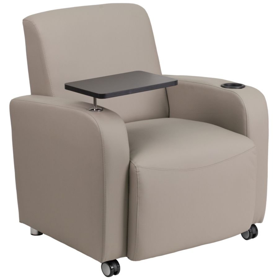 Gray Leather Guest Chair with Tablet Arm, Front Wheel Casters and Cup Holder