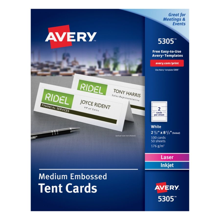 Avery Inkjet Laser Tent Cards Embossed 2 1 2 X 8 1 2 Fsc Certified White Box Of 100 Item 242065
