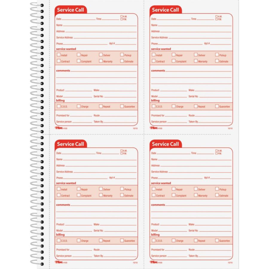 TOPS Service Call 2-part Spiral Message Slip Book - 200 Sheet(s) - Spiral Bound - 2 Part - Carbonless Copy - 5.50" x 4" Form Size - 8 1/4" x 11" Sheet