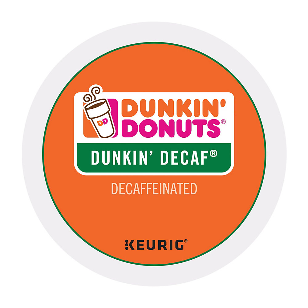 Enjoy a delicious start to your day with these Dunkin' Donuts coffee K-Cup Pods. Each 1 contains just the right amount of beans to create a single steaming cup of coffee, so you can get going quickly. 100% Arabica beans offer a bold taste morning, noon or night. Precisely measured pods help you create a single delicious cup of coffee without any fuss or mess. Dunkin' Donuts is not affiliated with Keurig or K-Cup. K-Cup is a registered trademark of Keurig Incorporated. Dunkin' Donuts decaf coffee K-Cup Pods provide the delicious taste you're craving without the unwanted jolt of caffeine. Includes a box of 24 decaf coffee pods.