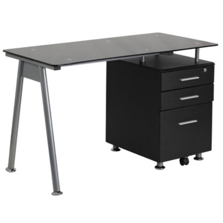 Flash Furniture Glass Computer Desk With 3 Drawer Pedestal