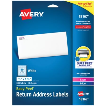 Avery Easy Peel Return Address Labels Ave18167 1 2 X 1 3 4 White Pack Of 800 Item 254989