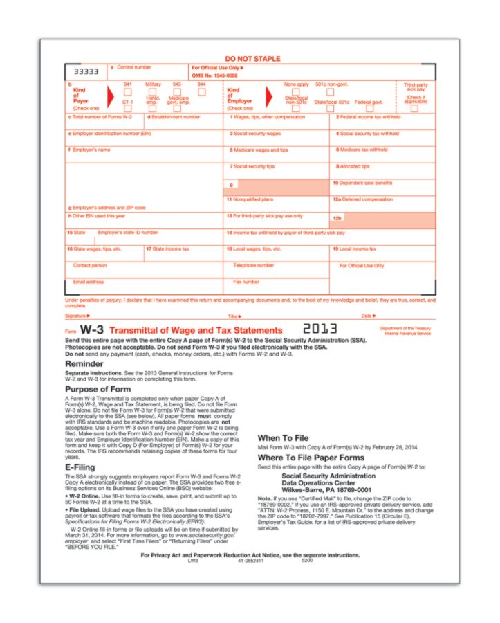 ComplyRight W 3 InkjetLaser Tax Forms Transmittal W 2 8 12 x 11 ...