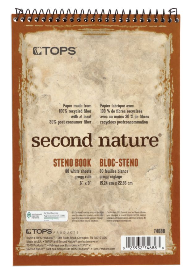 TOPS� Second Nature� Steno Books, 6" x 9", Gregg Ruled, 80 Sheets, 30% Recycled, White, Pack Of 12