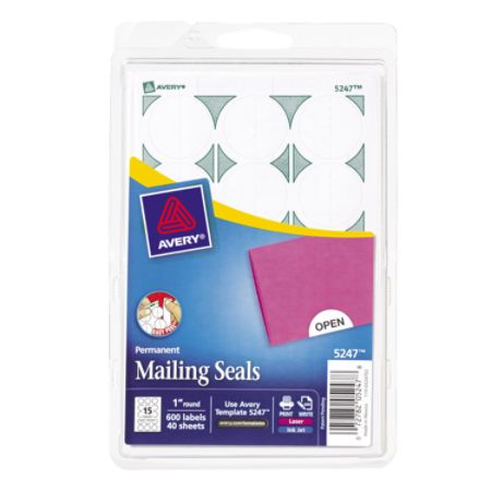 Avery Mailing Seals 1 Round 15 Labels40 Sheets White Pack Of 600 by