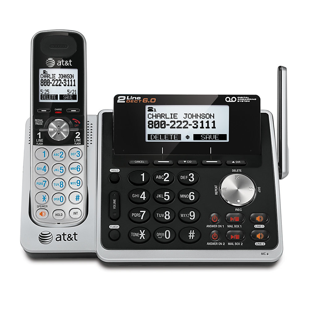 2 lines provide more flexibility in your home or office Digital answering system includes a mailbox for each phone line. Get up to 14 minutes of recording time for each mailbox . DECT 6.0 digital technology for secure, crystal clear calls. Handset and base speakerphone s let you multitask while you talk. Features Dual Caller ID/Call Waiting with 50-number storage. Expandable up to 12 cordless handsets to suit your growing home or business. Conference between an outside line and up to 4 cordless handsets . Headset-compatible (2.5mm jack) for more hands-free flexibility. Energy efficient - designed to use less energy than alternative products, potentially helping you save money and reduce your carbon footprint. ENERGY STAR certified - meets federal guidelines for energy efficiency.