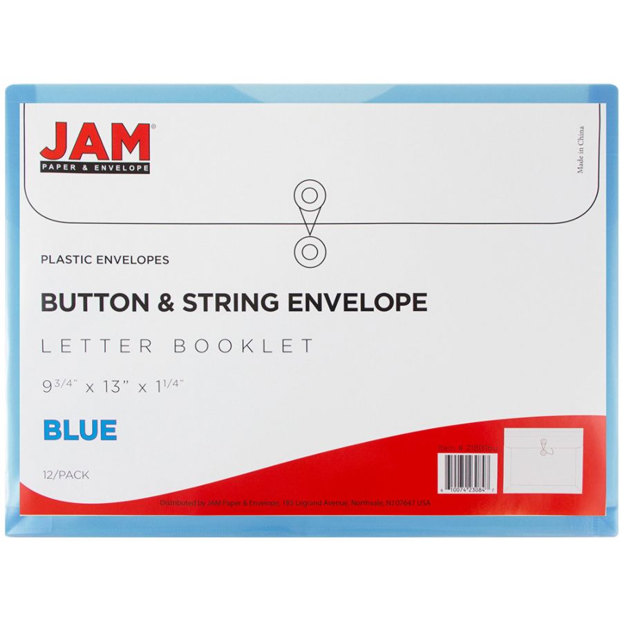 JAM Paper 9 3/4'' x 13'' 12pk Plastic Envelopes with Button and String Tie Closure, Letter Booklet - Blue