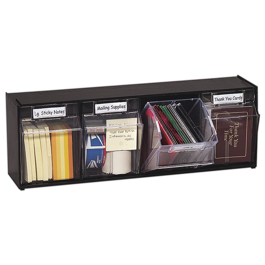 Deflect O Tilt Bin Plastic Storage System With 4 Bins 8 18 X 23 58