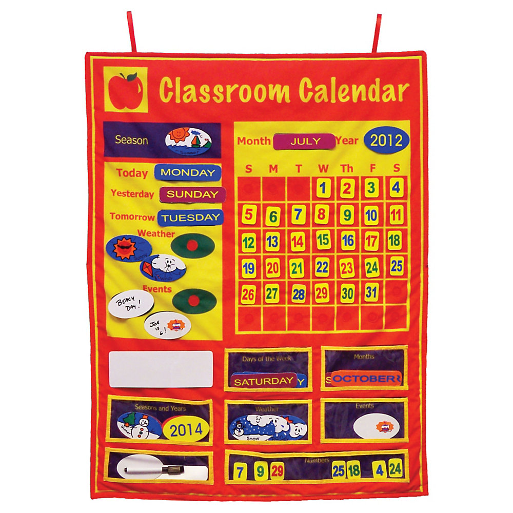 Help students track special days, weather and seasons with this calendar 70-piece set helps you track the day, month, year, season, weather and events with students. Includes printed plastic pieces, as well as dry-erase attachments, so you can mark custom class events and student birthdays. Fabric surface is washable for easy cleaning. Calendar measures 36