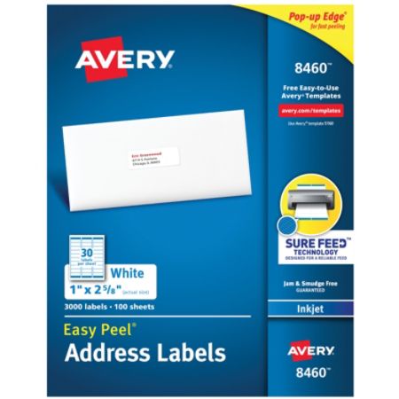 Avery Easy Peel White Inkjet Address Labels 8460 1 X 2 5 8 Box Of 3 000 Item 297977