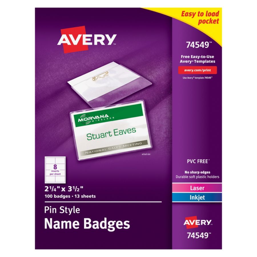 Avery Pin Style Name Badge Kits Business Card Size 2 14 x 3 12 Box Of ...