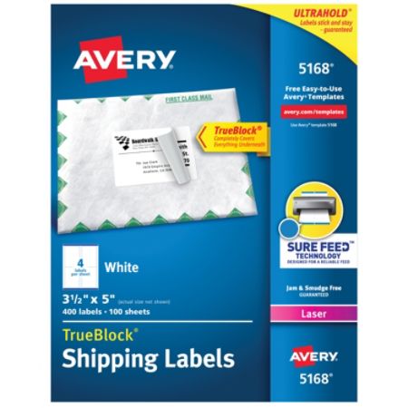 Avery Trueblock White Laser Shipping Labels 5168 3 1 2 X 5 Pack Of 400 Item 365340