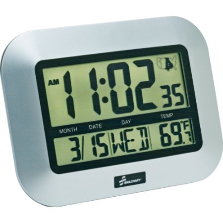 clock digital skilcraft controlled radio display lcd silver abilityone office sliver aaa separately case sold each officedepot