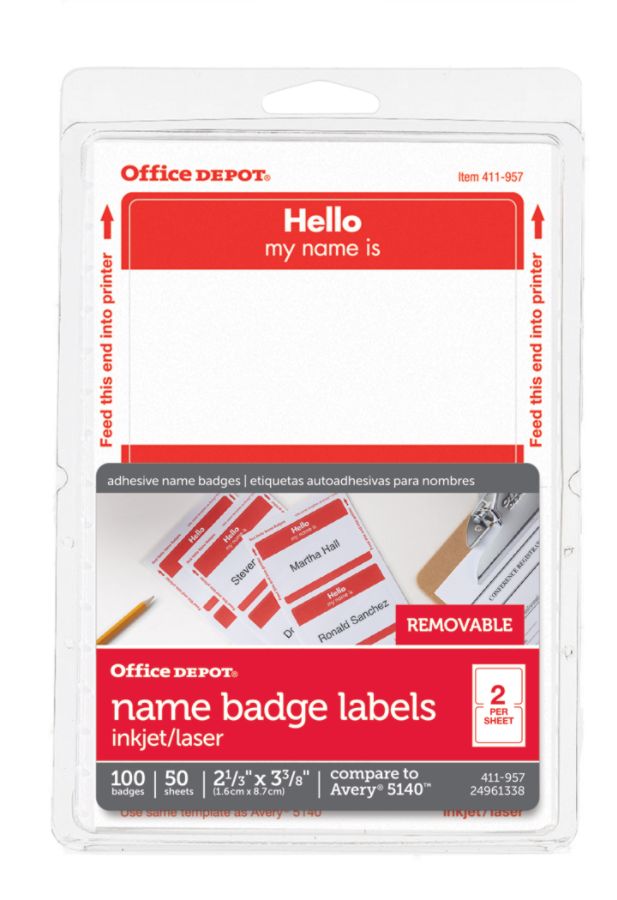 Office Depot Brand Hello Name Badge Labels 2 1132 x 3 38 Red Border ...