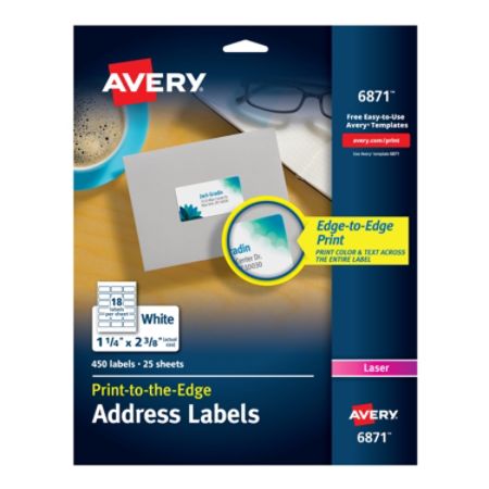 Avery Print To The Edge Permanent Address Laser Labels 6871 1 1 4 X 2 3 8 White Pack Of 450 Item 422961