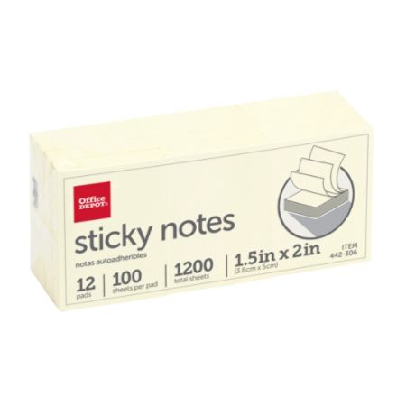 Office Depot Sticky Notes 1 1 2 X 2 Yellow 100 Sheets Per Pad Pack Of 12 Pads Item 442306