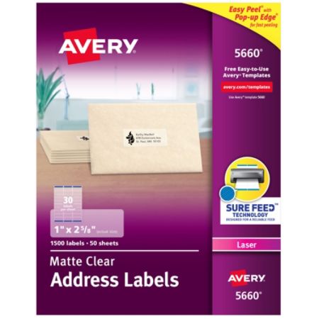 Avery Easy Peel Permanent Laser Address Labels 5660 1 X 2 5 8 Clear Pack Of 1 500 Item 449942