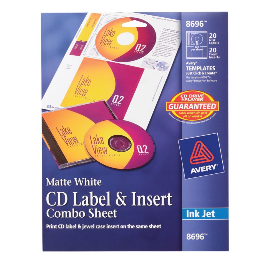 Avery Inkjet CDDVD Label And Insert Combo Sheets 8696 Matte White Pack ...