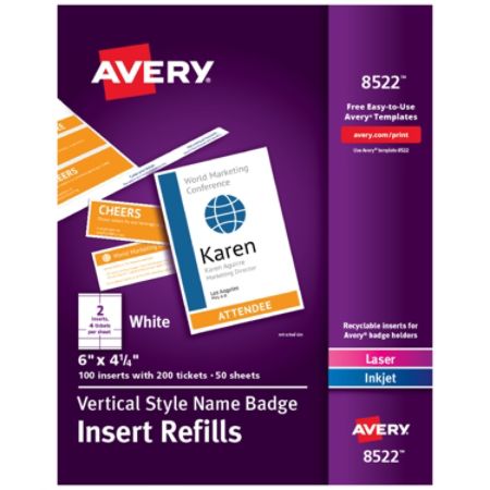 Avery Vertical Name Badge Inserts 6 X 4 1 4 White Box Of 100 Inserts Item 4569653