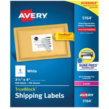 Avery Trueblock White Laser Shipping Labels 5164 3 1 3 X 4 Pack Of 600 Item 463646