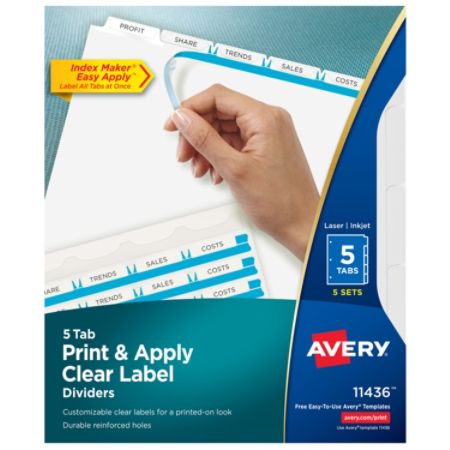 Avery Print Apply Clear Label Dividers With Index Maker Easy Apply Printable Label Strip And White Tabs 5 Tab Box Of 5 Sets Item 470179