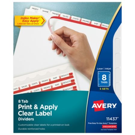 Avery Print Apply Clear Label Dividers With Index Maker Easy Apply Printable Label Strip And White Tabs 8 Tab Box Of 5 Sets Item 470187