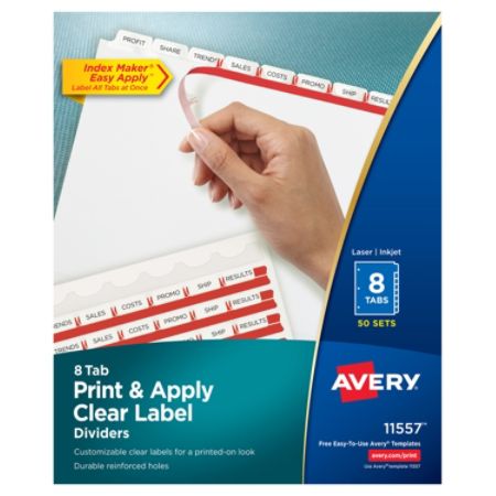 Avery Print Apply Clear Label Dividers With Index Maker Easy Apply Printable Label Strip And White Tabs 8 Tab Box Of 50 Sets Item 490423