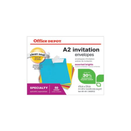 Office Depot Brand Brights Invitation Envelopes 4 38 x 5 34 30percent Recycled Assorted Colors