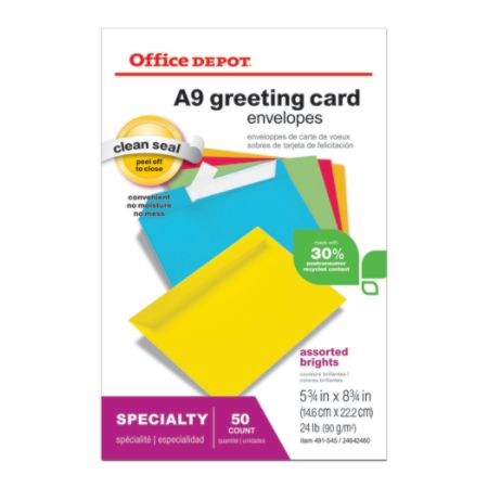 Office Depot Brand Greeting Card Envelopes Clean Seal 5 34 x 8 34 Brights Assorted Colors Box Of ...