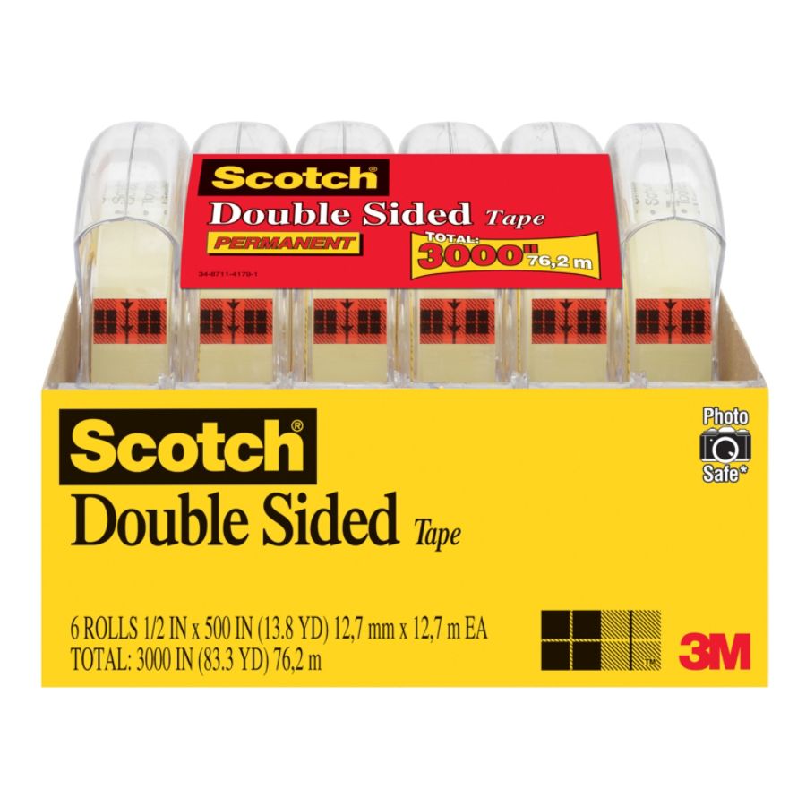 Scotch Double Sided Tape, Clear, 1/2" x 500", 6 Dispensers