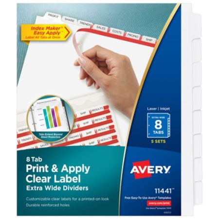 Avery Print Apply Clear Label Extra Wide Dividers With Index Maker Easy Apply Printable Label Strip 8 Tab White Pack Of 5 Sets Item 522159