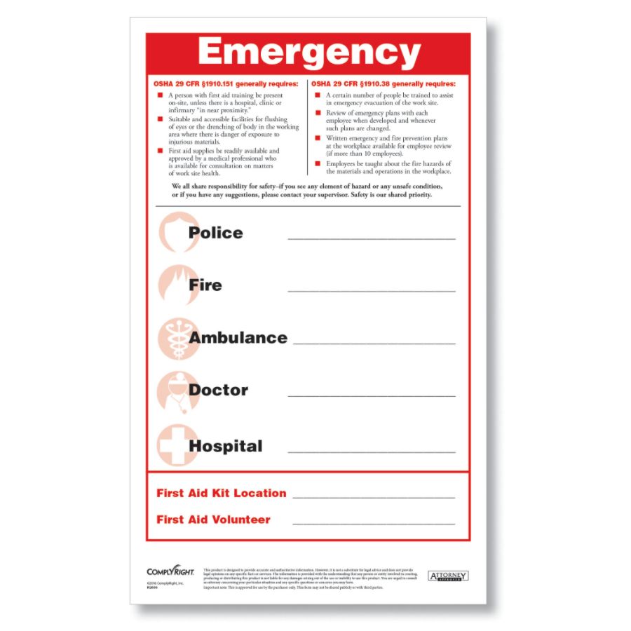 complyright emergency numbers safety poster and pen set english 8 12 x