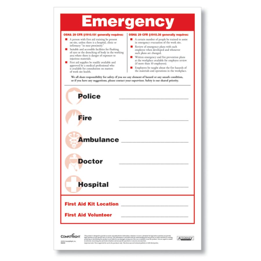 ComplyRight Emergency Numbers Safety Poster And Pen Set English 8 12 x ...