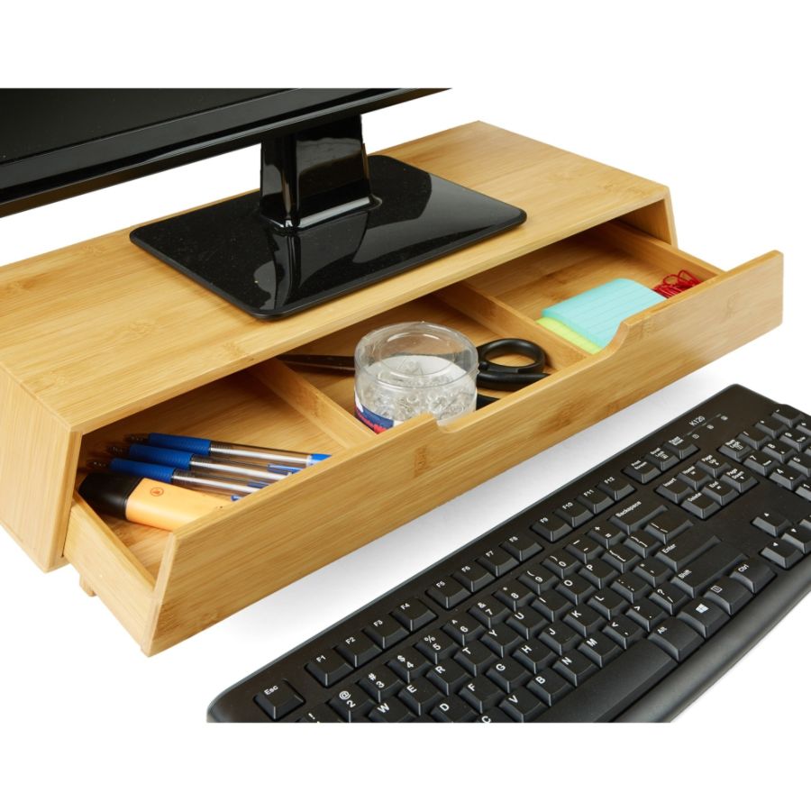 Mind Reader Bamboo Monitor Stand With 3 Compartment Drawer Brown