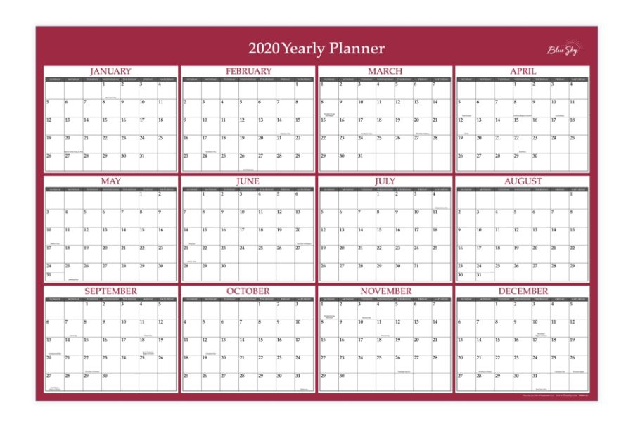 Blue Sky Laminated DryErase Yearly Wall Calendar, 36" x 24", 11605420