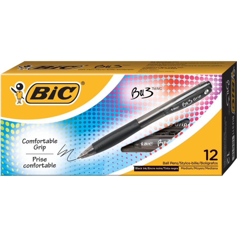 BIC BU3 Grip Retractable Ballpoint Pens, 1.0 mm, Clear Barrel, Black ...