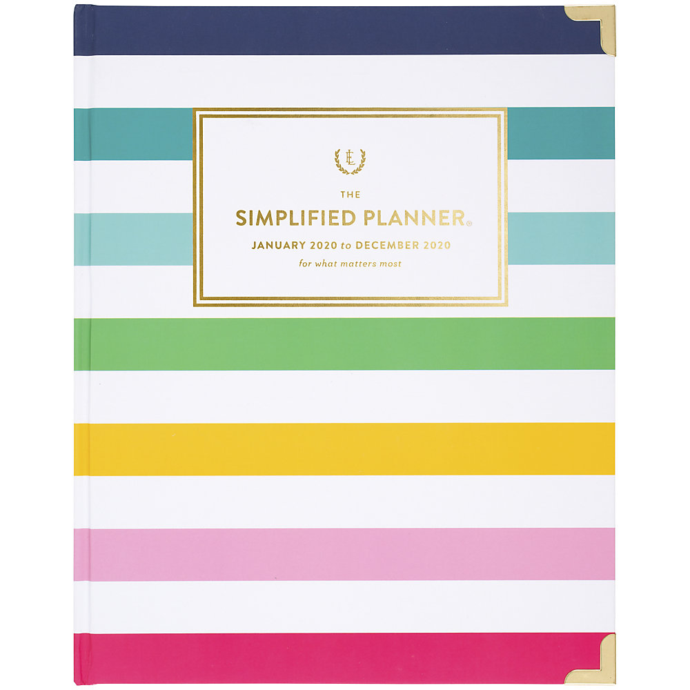 Track your schedule in style with this hardcover planner designed by Emily Ley. The bold colors and striped design offer a fashionable appearance, while the untimed blocks make it easy to mark down appointments, events and reminders. 2 pages per week/month. Weekly spreads feature ruled planning spaces from Monday through Sunday, as well as to-do lists with circles to check off. Unruled daily blocks of the monthly spreads allow for customized scheduling. Also features a lined to-do section and simplicity tips on how to organize your days. 12 months: January to December. Pages are perfect bound. Gold corner protectors safeguard the hardcovers. Keep track of your place with the ribbon page marker. Cover features a striped design with bold colors and a gold date badge in the center for a stylish touch.