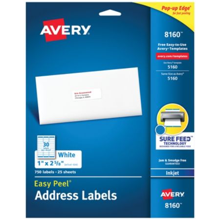 Avery Easy Peel White Inkjet Address Labels 8160 1 X 2 5 8 Pack Of 750 Item 574566