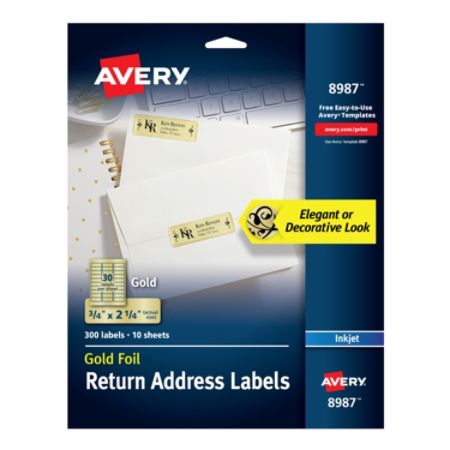 Avery Permanent Inkjet Foil Mailing Labels 8987 3 4 X 2 1 4 Gold Foil Pack Of 300 Item 595641