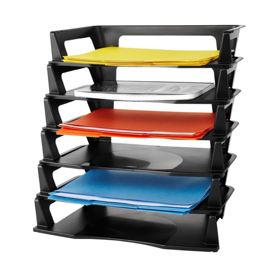 Rubbermaid Regeneration Letter Tray, Six Tier, Plastic- Black