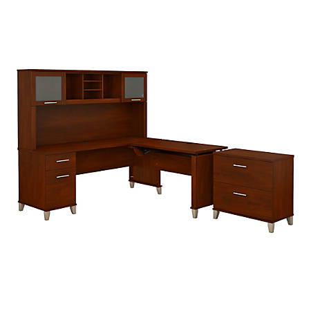 Bush Furniture Somerset 72W 3 Position Sit to Stand L Shaped Desk with Hutch and Bookcase in Hansen Cherry
