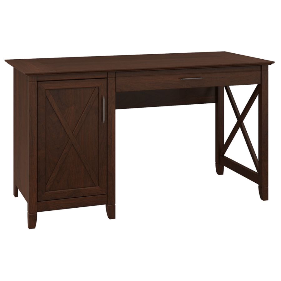 Bush Furniture 54W Key West Computer Desk with Storage Bing Cherry: Laminate Work Surface, MDF Frame, Enclosed Cabinet