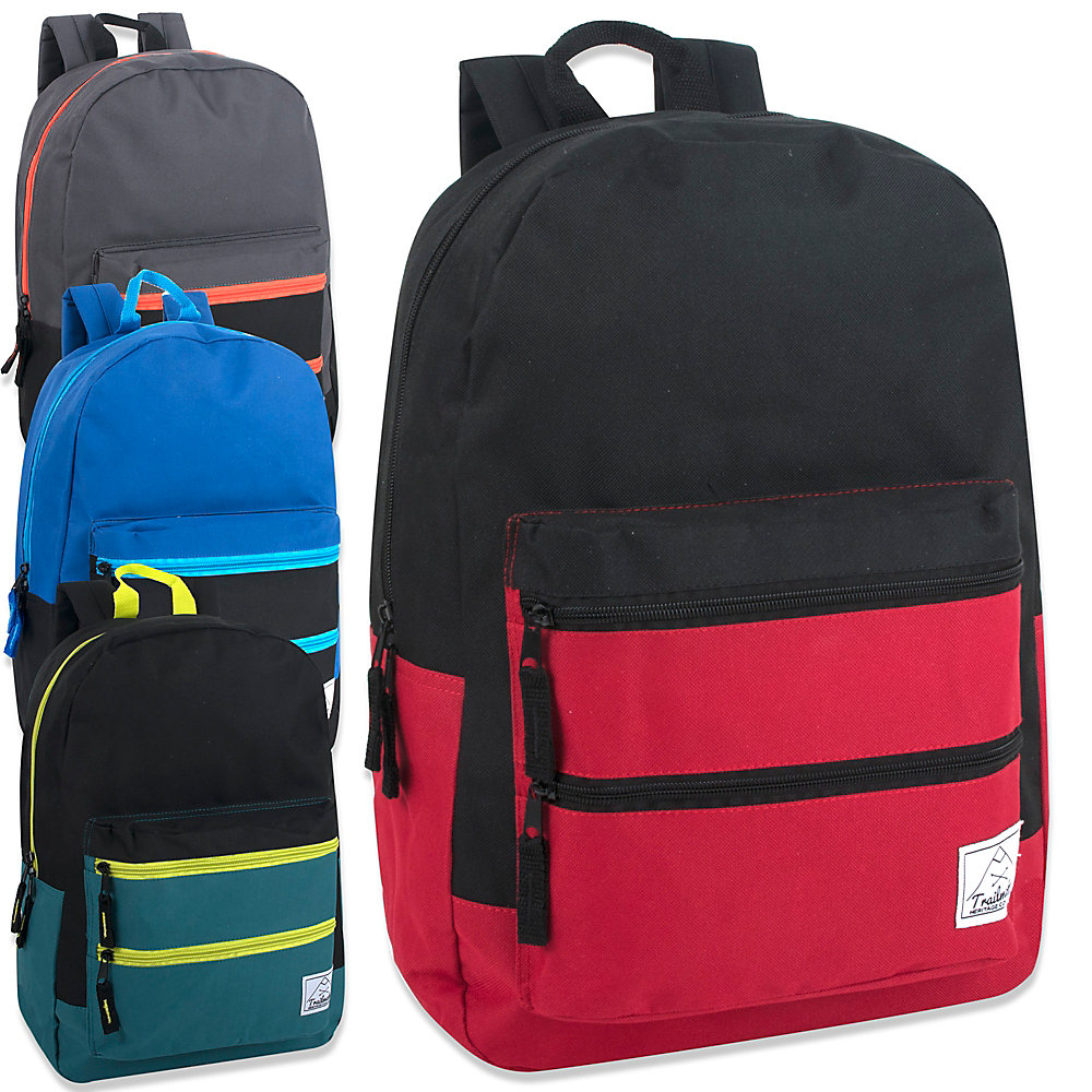 Trailmaker Twin Zip Pocket Backpacks With 17" Laptop Pocket, Assorted Colors, Pack Of 24 Backpacks