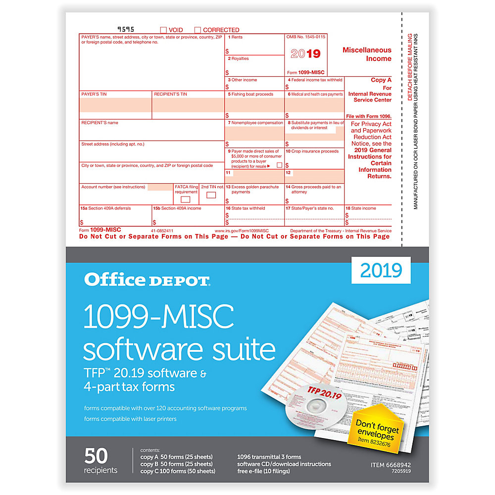Office Depot� Brand 1099-MISC Laser Tax Forms With Software, 2019 Tax Year, 4-Part, 8-1/2" x 11", Pack Of 50 Form Sets