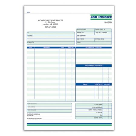 Custom Carbonless Business Forms Pre Formatted Job Invoice Forms Ruled 8 12 X 11 2 Part Box Of 250 Item 674001