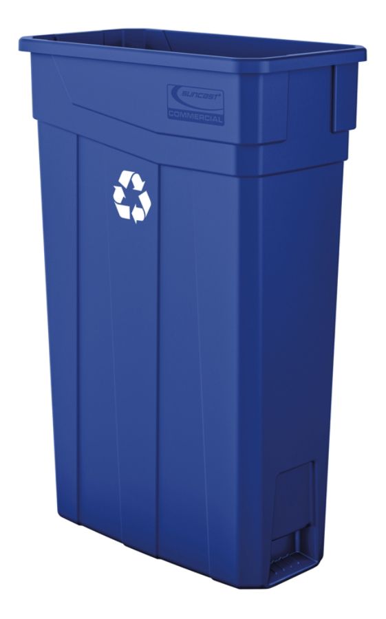Suncast Commercial Narrow Rectangular Resin Trash Can, 23 Gallons, 30"H x 11"W x 20"D, Blue Recycle