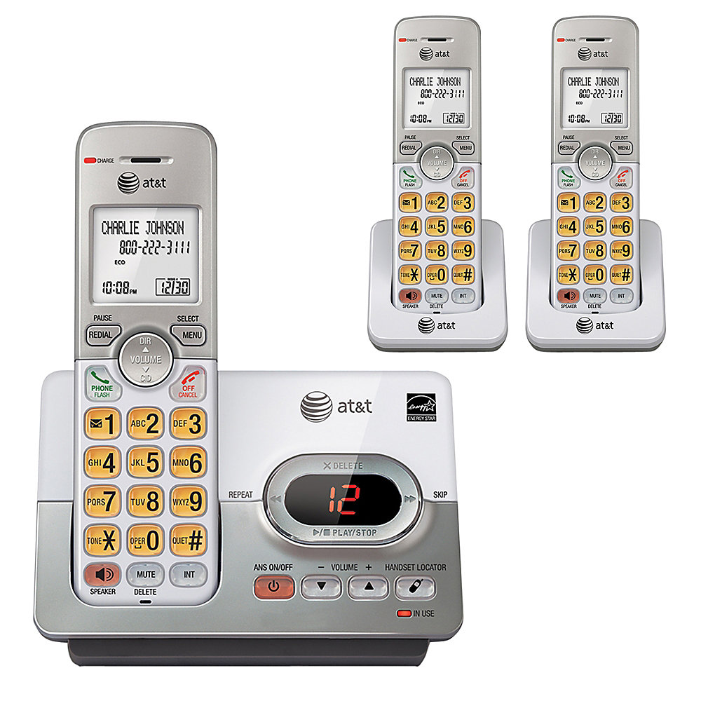 Constant communication with clients can help ensure your small business delivers the customer service that you need to grow. The AT&T expandable cordless phone system with digital answering machine makes it easy to make and receive calls from almost anywhere in your office, so you never miss a call. Includes a cordless base with digital answering system and 3 cordless handsets. Expandable up to 5 handsets. Compatible with the EL50003 accessory handset. DECT 6.0 expandable cordless phone system utilizes digital technology to deliver interference-free, secure calls and clear sound. Extra-large backlit LCD displays make it easy to read the number and name of callers. Features high-contrast black text on a white background. Call waiting/caller ID displays information for each incoming call while remembering up to 50 callers for convenient callback. Service required from your local telephone company for call waiting and caller ID. Full-duplex handset speakerphone allows both parties to speak and be heard at the same time. Includes convenient, 9-number speed dial. Conferencing feature lets you share an outside line among 4 handsets. ECO mode helps conserve power. Quiet mode lets you silence the ringer to help reduce distractions. ENERGY STAR- For products that meet federal guidelines for energy efficiency. ENERGY STAR certified - meets federal guidelines for energy efficiency.